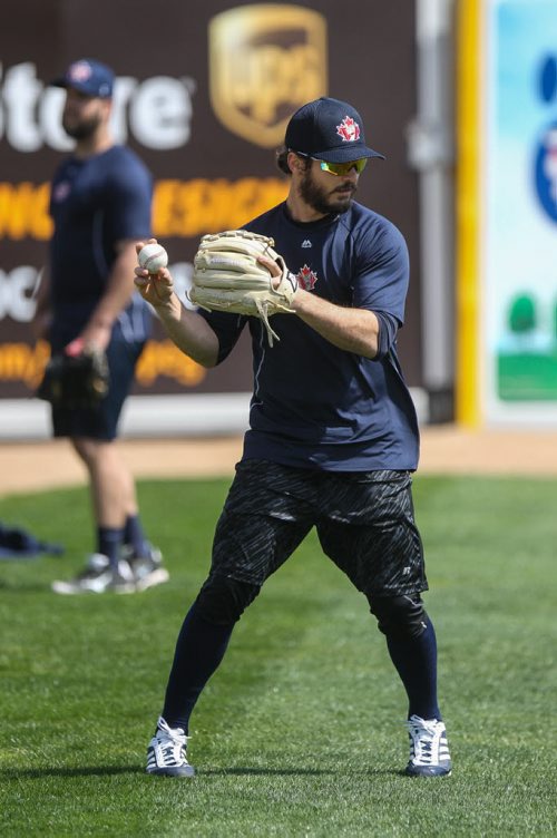 Winnipeg Goldeyes' Ramon Ortega took to the field to toss the ball around Tuesday afternoon, training camp starts this Saturday. 150505 - Tuesday, May 05, 2015 -  (MIKE DEAL / WINNIPEG FREE PRESS)