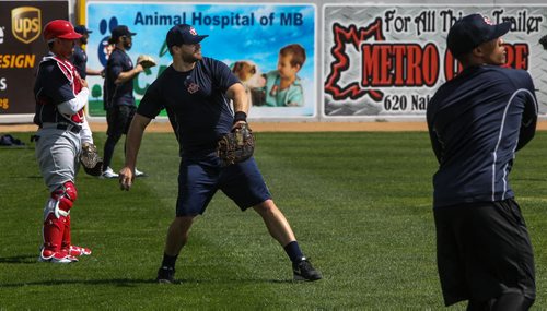 Winnipeg Goldeyes players take to the field to toss the ball around Tuesday afternoon, training camp starts this Saturday. 150505 - Tuesday, May 05, 2015 -  (MIKE DEAL / WINNIPEG FREE PRESS)
