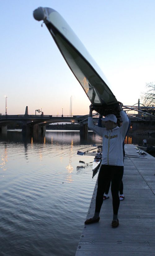 49.8 BORDERS - The Winnipeg Rowing Club. Launching of the 4 place boat at the crack of dawn. BORIS MINKEVICH/WINNIPEG FREE PRESS May 5, 2015