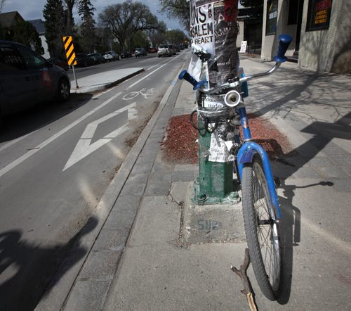 City cyclists make full use of the protected and dedicated bike lane along Sherbrook Street Tuesday afternoon. See story. May 5, 2015 - (Phil Hossack / Winnipeg Free Press)
