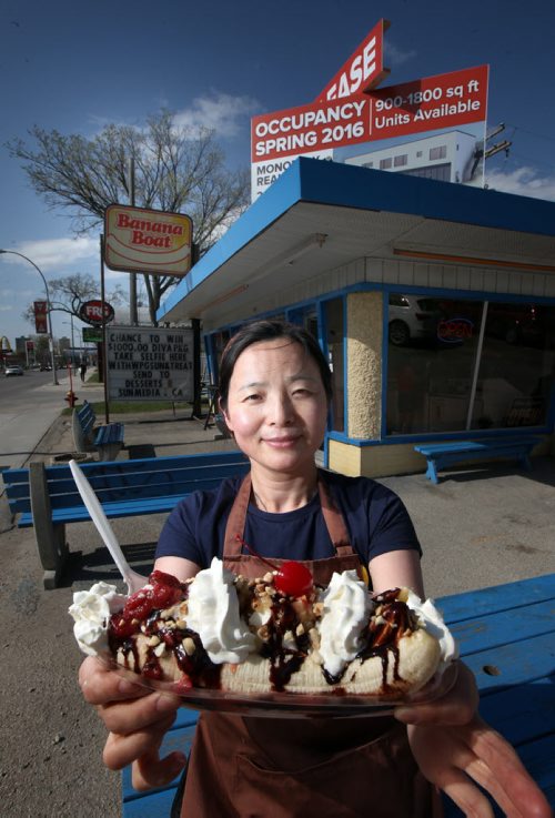 Banana Boat owner Hui Chen is still serving up her business's tasty namesake, though the property is going to be developed. See Kirbyson's story. May 5, 2015 - (Phil Hossack / Winnipeg Free Press)