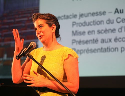 Cercle Moliere' s artistic director Genevieve Pelletier at the podium as the theatre unveiled its 90th season. See Kevin Prokosh story. May 6, 2015 - (Phil Hossack / Winnipeg Free Press)