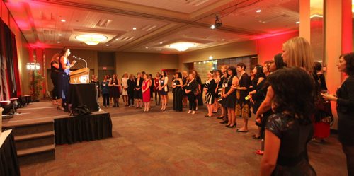 Nominee's for this yea's Women of Distinction gather together waiting to go into ballroom during the awards nights at the Convention Centre Wednesday.   May 06, 2015 Ruth Bonneville / Winnipeg Free Press
