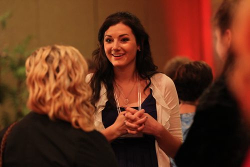 Rachel Byrka, nominee in Young Women of Distinction category chats with fellow nominee's during the awards nights at the Convention Centre Wednesday.    May 06, 2015 Ruth Bonneville / Winnipeg Free Press