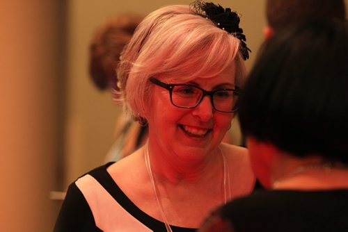 Shannon Sampert, editorial columnist with The Winnipeg Free Press,  and a nominee for Public Awareness & Media Communications in this year's Women of Distinction awards, chats with friends during the awards nights at the Convention Centre Wednesday.   May 06, 2015 Ruth Bonneville / Winnipeg Free Press