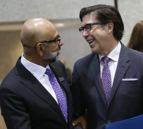 New CEO Jay Forbes at right with Kishore Kapoor, MTS Allstream Board of Directors prior to the MTS annual meeting Thursday morning in the MTS building on Main Street.  Martin Cash story.  Wayne Glowacki / Winnipeg Free Press May 7 2015