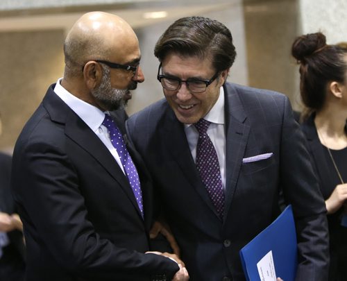 New CEO Jay Forbes at right with Kishore Kapoor, MTS Allstream Board of Directors prior to the MTS annual meeting Thursday morning in the MTS building on Main Street.  Martin Cash story.  Wayne Glowacki / Winnipeg Free Press May 7 2015