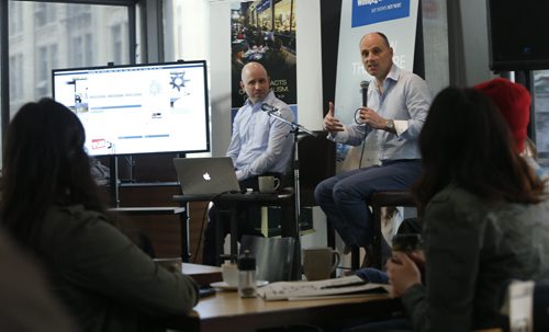 At the Winnipeg Free Press News Cafe Friday,  Christian Panson, V.P Digital Content and Audience Revenue with Paul Samyn, Winnipeg Free Press Editor at right give a sneak preview of  the paper's  new website. Wayne Glowacki / Winnipeg Free Press May 8 2015
