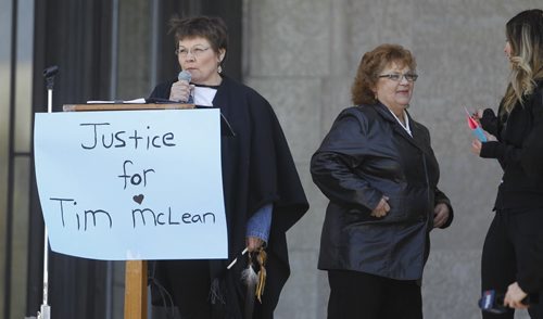 Carol de Delley, mother of Tim McLean, and Ginny Kirk, organizer of Justice for Tim Mclean, at a rally at the Manitoba Legislative Building to protest against Li's request to be transferred to a group home in the city, Saturday, May 9, 2015. (TREVOR HAGAN/WINNIPEG FREE PRESS)