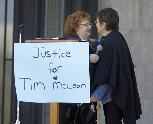 Ginny Kirk, of Justice for Tim Mclean and Carol de Delley, mother of Tim McLean, at a rally at the Manitoba Legislative Building, to protest against Li's request to be transferred to a group home in the city, Saturday, May 9, 2015. (TREVOR HAGAN/WINNIPEG FREE PRESS)