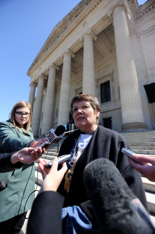 Carol de Delley, mother of Tim McLean, at a rally at the Manitoba Legislative Building to protest against Li's request to be transferred to a group home in the city, Saturday, May 9, 2015. (TREVOR HAGAN/WINNIPEG FREE PRESS)