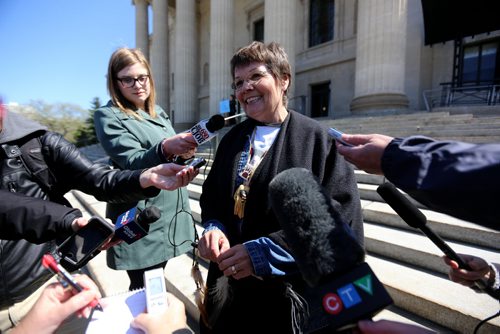 Carol de Delley, mother of Tim McLean, at a rally at the Manitoba Legislative Building to protest against Li's request to be transferred to a group home in the city, Saturday, May 9, 2015. (TREVOR HAGAN/WINNIPEG FREE PRESS)