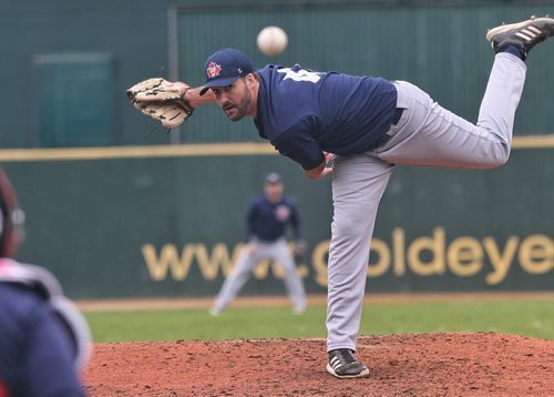 Winnipeg Godeyes play the University of Winnipeg Wesmen during an exhibition game at Shaw Stadium Sunday afternoon.  Goldeyes pitcher Nick Hernandez (41) in the second inning.  150510 May 10, 2015 Mike Deal / Winnipeg Free Press