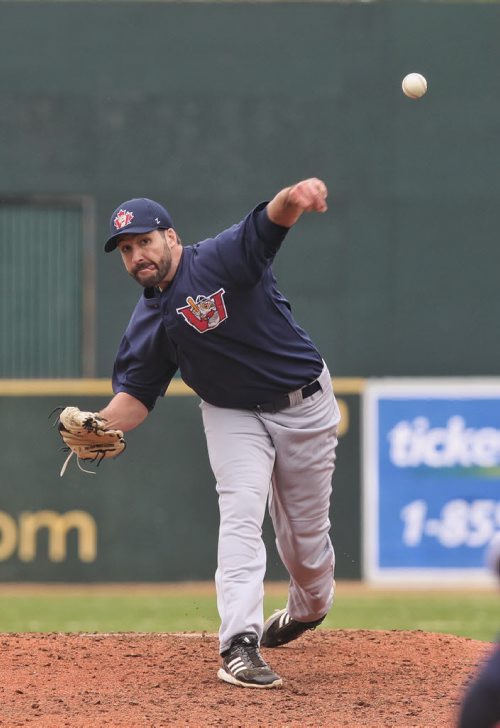 Winnipeg Godeyes play the University of Winnipeg Wesmen during an exhibition game at Shaw Stadium Sunday afternoon.  Goldeyes pitcher Nick Hernandez (41) in the second inning.  150510 May 10, 2015 Mike Deal / Winnipeg Free Press