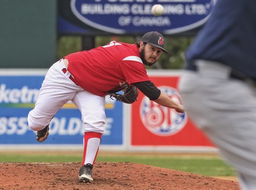Winnipeg Godeyes play the University of Winnipeg Wesmen during an exhibition game at Shaw Stadium Sunday afternoon.  Wesmen pitcher Zach Campbell (16) during the second inning.  150510 May 10, 2015 Mike Deal / Winnipeg Free Press