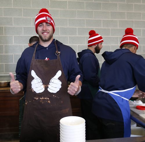 Winnipeg Goldeyes pitcher Taylor Bratton helped out serving a hearty breakfast at Agape Table to guests Monday morning.  This is the second year the Goldeyes have helped serve a breakfast and they also passed out free tickets to ball games.   Wayne Glowacki / Winnipeg Free Press May 11  2015