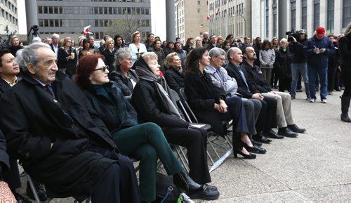 Crowd at the United Way of Winnipeg's 50th anniversary celebration event held Monday at Portage and Main included at left Arthur Mauro who  served on committee of the first United Way campaign. Geoff Kirbyson story. Wayne Glowacki / Winnipeg Free Press May 11  2015