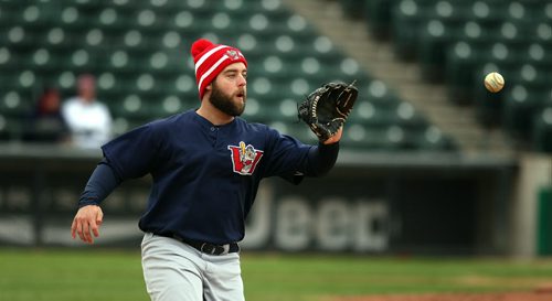 Goldeye pitching prospect Rob Nixon keeps an eye on an incoming throw at the team workout Monday afternoon at Shaw Park. See Tm Campbell's story. May 11, 2015 - (Phl Hossack@freepress.mb.ca)