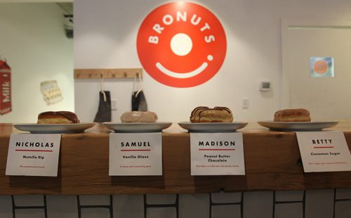 Intersection piece on Bronuts - Winnipeg's first, dedicated gourmet doughnut shop owned by Brett and Dylan - brothers who put the Bro in Bronuts.  The four varieties of donuts available - Nutella Dip, Vanilla Glaze, Peanut Butter Chocolate and Cinnamon Sugar.  May 09, 2015 Ruth Bonneville / Winnipeg Free Press