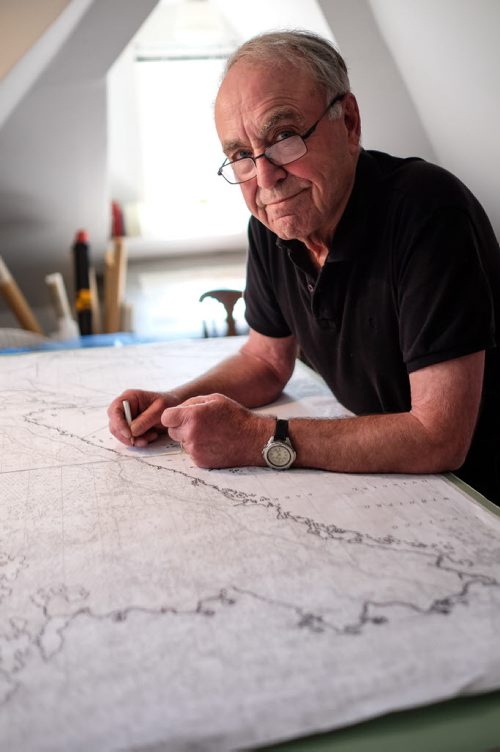 Real Berard, artist, canoe route mapper and political cartoonist at his home in Winnipeg working on one of his many map projects. 150512 - Tuesday, May 12, 2015 -  (MIKE DEAL / WINNIPEG FREE PRESS)