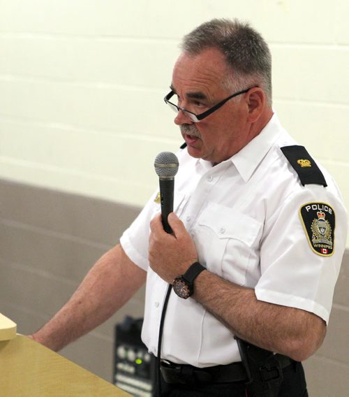 LOCAL - Community meeting on crime in River Heights. Meeting was packed out the door at Corydon Community Centre. Inspector Rick Guyader. BORIS MINKEVICH/WINNIPEG FREE PRESS May 13, 2015