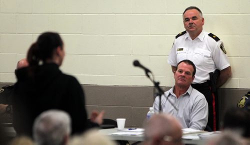 LOCAL - Community meeting on crime in River Heights. Meeting was packed out the door at Corydon Community Centre. Community members line up to ask questions and comment. (back) Inspector Rick Guyader and (front) Sergeant Mike Brooker listens to the first question. BORIS MINKEVICH/WINNIPEG FREE PRESS May 13, 2015