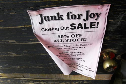 Near Portage La Prairie, Manitoba- Vivian Proden owns Junk for Joy just East of  Portage La Prairie, Manitoba on Hyw. #1 - Vivian, 84, is retiring after 34 years in the junk business and is having a 50% off sale starting this Friday- Last sale flyer bosted on front door of store. See Bill Redekop Story- May 13, 2015   (JOE BRYKSA / WINNIPEG FREE PRESS)