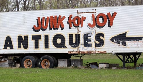 Near Portage La Prairie, Manitoba- Vivian Proden owns Junk for Joy just East of  Portage La Prairie, Manitoba on Hyw. #1 - Vivian, 84, is retiring after 34 years in the junk business and is having a 50% off sale starting this Friday- Old Semi Trailer that brings them in off the highway-See Bill Redekop Story- May 13, 2015   (JOE BRYKSA / WINNIPEG FREE PRESS)