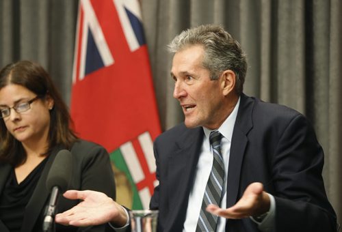 Conservative Leader Brian Pallister and Heather Stefanson at a news conference regarding the provincial audit into Investors Group Field. Bart Kives story. Wayne Glowacki / Winnipeg Free Press May 14 2015