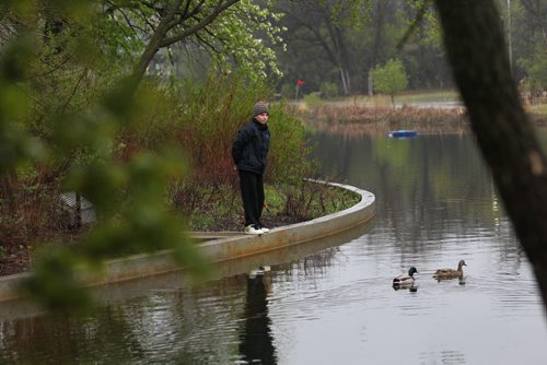 Nine-year-old Yan Olshevsky explores the Duck Pond for bugs while visiting the Assiniboine Park with his mom just after the rain stopped early Thursday evening. Standup photo   May 14, 2015 Ruth Bonneville / Winnipeg Free Press