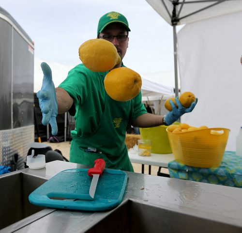 Joël Bouchard of Just a Little Squeeze said they had exepcted about half as many people at the The St.Norbert Farmers Market today and were going to run out of lemons before the market closed, May 16, 2015. (TREVOR HAGAN/WINNIPEG FREE PRESS)