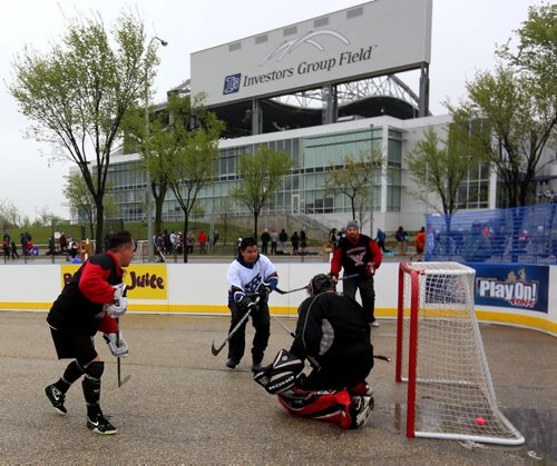 The Dene Eagles from Fairford versus the Manitoba Thunderbirds during the Play On! 4 on 4 Street Hockey Tournament at the University of Manitoba, Sunday, May 17, 2015. (TREVOR HAGAN/WINNIPEG FREE PRESS)