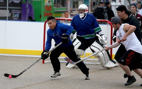 Just Shoot versus the High Flyers during the Play On! 4 on 4 Street Hockey Tournament at the University of Manitoba, Sunday, May 17, 2015. (TREVOR HAGAN/WINNIPEG FREE PRESS)