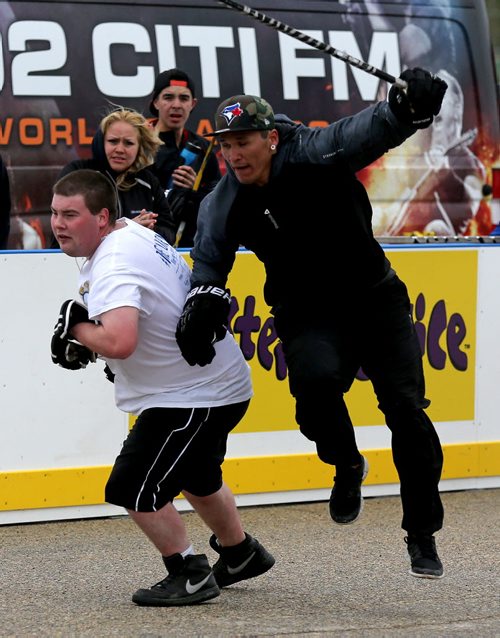 Just Shoot versus the High Flyers during the Play On! 4 on 4 Street Hockey Tournament at the University of Manitoba, Sunday, May 17, 2015. (TREVOR HAGAN/WINNIPEG FREE PRESS)