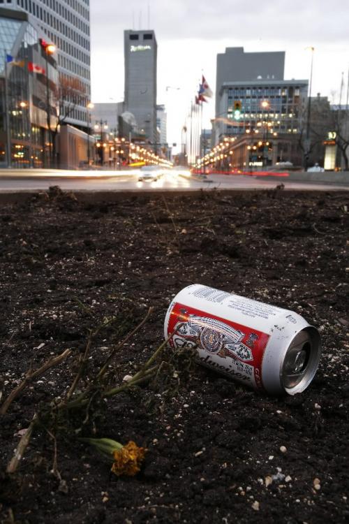 John Woods / Winnipeg Free Press / November 3/07- 071103  - A beer can and a dead flower in the flower bed at Portage and Main Saturday, Nov 3/07.   For a story on Glen Murray's speech on Winnipeg becoming a desolate city.