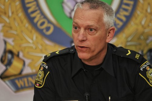 Winnipeg Police Service Constable Eric Hofley provides an update in the arrest of a homicide investigation that took place on Tremblay Street early Sunday morning.  150518 May 18, 2015 Mike Deal / Winnipeg Free Press