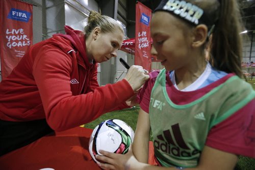 May 18, 2015 - 150518  -  Winnipeg female youth soccer players take part in the FIFA Live Your Goals Festival at the University of Manitoba Monday, May 18, 2015. Brittany Baxter from the Canadian National team was on hand to sign autographs and talk with the girls. John Woods / Winnipeg Free Press