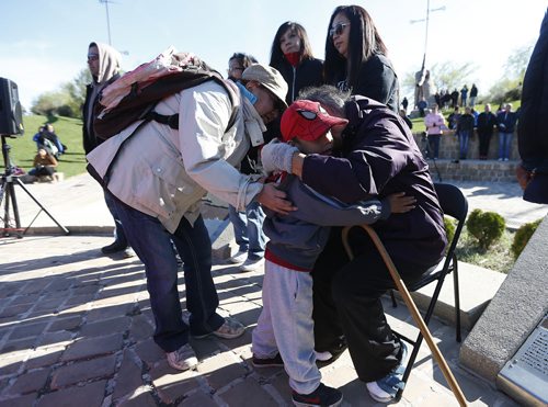 May 18, 2015 - 150518  -  Young children and families greet family members of Teresa Robinson. On Monday, May 18, 2015 people gathered at the Oodena Circle at the Forks for a vigil for Teresa Robinson, an eleven year old who was killed on the first nation community of Garden Hill. John Woods / Winnipeg Free Press