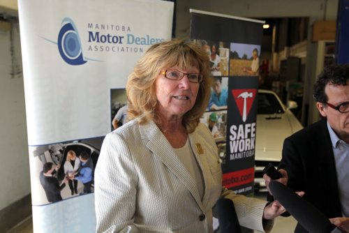 BIZ - The  first new safety association in 20 years  the Motor Vehicle Safety Association of Manitoba -  was announced today by the Motor Dealers Association. The WCB and Safe Work MB are involved. It is a prevention initiative to address worker injuries in the motor vehicle industry. Honourable Erna Braun, Minister of Labour and Immigration talks to media. Press conference held at Mercedes Benz Winnipeg, 2554 Portage Ave. BORIS MINKEVICH/WINNIPEG FREE PRESS May 19, 2015