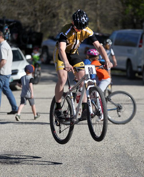 PHOTO FEATURE - Team Manitoba's David Hamm tests his wings before riding in the "expert" class Wednesday evening mountain bike races at Birds Hill Bird's Hill Park. May 20, 2015 - (Phil Hossack / Winnipeg Free Press)