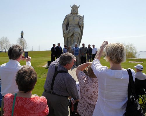 Iconic Viking statue in Gimli refurbishment project is complete. It was unveiled at a special event in Gimli this morning. BORIS MINKEVICH/WINNIPEG FREE PRESS May 22, 2015
