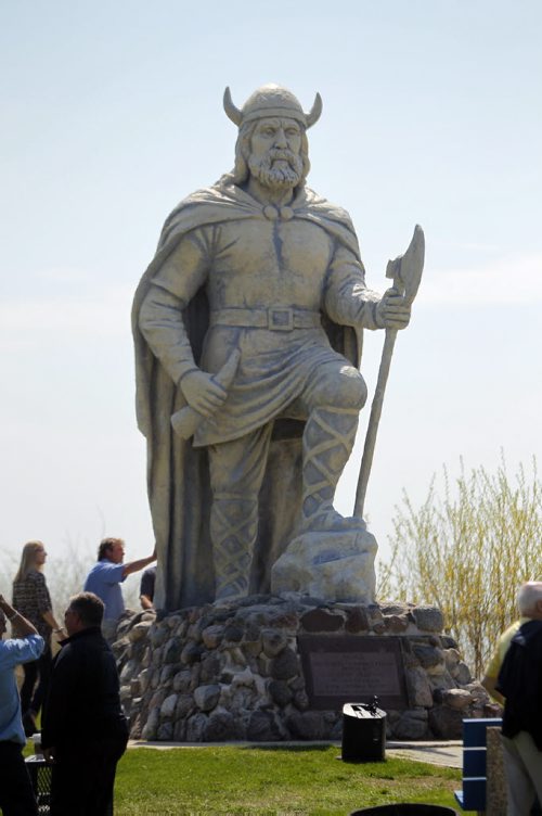 Iconic Viking statue in Gimli refurbishment project is complete. It was unveiled at a special event in Gimli this morning. BORIS MINKEVICH/WINNIPEG FREE PRESS May 22, 2015