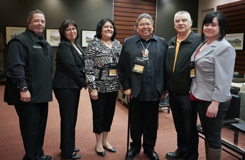 The 19th annual Vision Quest Conference & Trade Show took place May 12 to 14, 2015 at the RBC Convention Centre. Each year, participants meet to discuss and promote aboriginal business, community and economic development. Here, keynote speaker Dr. Martin Brokenleg (fourth from left) poses with conference board of directors George Leonard, Carol Johnston, Kim Bullard, Rick Ducharme and Leann Brown. COURTESY OF VISION QUEST CONFERENCES INC.