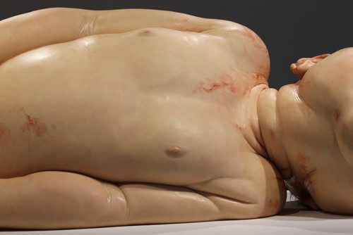 Views of Ron Mueck's exhibit of a newborn baby  titled "A Girl",  (front  arms, chest, neck) which is startlingly large yet very life-like at the WAG Friday.  Mueck is a UK-based Austrailian artist that creates realistic yet enigmatic sculptures that portray humans at key stages in life, from birth through middle age, to death.  The works are either monumental in scale or undersized.    May 22, 2015 Ruth Bonneville / Winnipeg Free Press