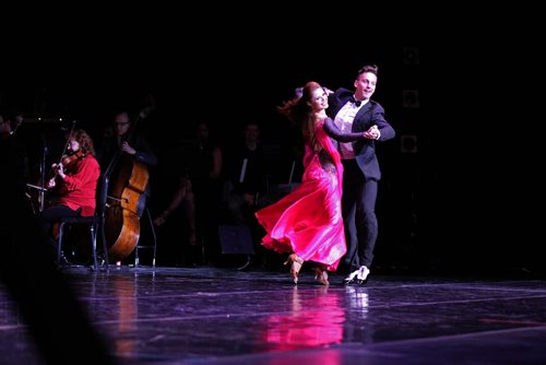 Dancing with the Stars Tristan MacManus and Anna Trebunskaya dance on stage with the WSO performing during the-  ballroom with a twist concert Friday night at the Centennial Concert Hall.   May 22, 2015 Ruth Bonneville / Winnipeg Free Press