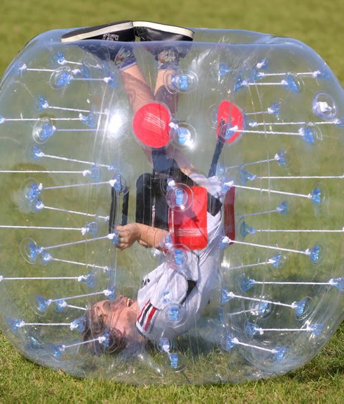 Leonardo Phelps, 7, inside a bubble. Neil Trudeau runs River City Bubble Ball, a company that organizes bubble soccer, Saturday, May 23, 2015. (TREVOR HAGAN/WINNIPEG FREE PRESS) - for dave sanderson intersection 49.9 piece