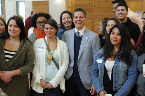 Mayor Brian Bowman poses with some students in the Family Support Workers program of Urban Circle College. a day long workshop addressing racism in Winnipeg will be held at Thunderbird House with Mayor Brian Bowman delivering the opening remarks. The workshop is a daylong exploration of racism in Winnipeg. A panel of experts will discuss the lasting effects of racism and ways to address it. BORIS MINKEVICH/WINNIPEG FREE PRESS May 29, 2015