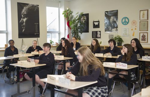 150526 DAVID LIPNOWSKI / WINNIPEG FREE PRESS (May 26, 2015)  Gray Academy of Jewish Education teacher Barbera Buffie and members of her Grade 10 class.  She assigned her class to interview "fearless" individuals in Winnipeg that she believed the students would learn from and be inspired by.  FOR Sinclair column