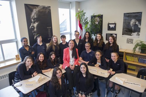 150526 DAVID LIPNOWSKI / WINNIPEG FREE PRESS (May 26, 2015)  Gray Academy of Jewish Education teacher Barbera Buffie and members of her Grade 10 class.  She assigned her class to interview "fearless" individuals in Winnipeg that she believed the students would learn from and be inspired by.  FOR Sinclair column