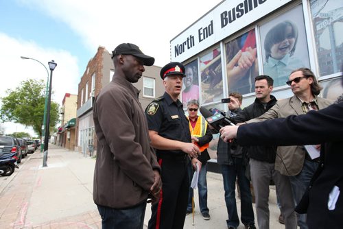 Police Chief Devon Clunis and constable Hofley talk to the media about the  Restore Our Core initiative taking place this weekend with shared support by Wpg Police Service, Love Winnipeg and concerned citizens and business leaders to create safer, cleaner and stronger communities in all areas of the city including the core and North End.    May 29, 2015 Ruth Bonneville / Winnipeg Free Press